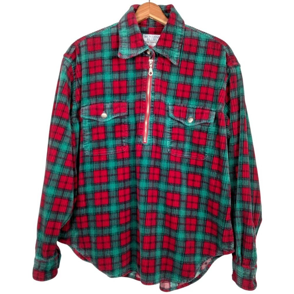 Vintage 1990s Montana Blues Corduroy Shirt Medium Maroon Green Plaid Pullover